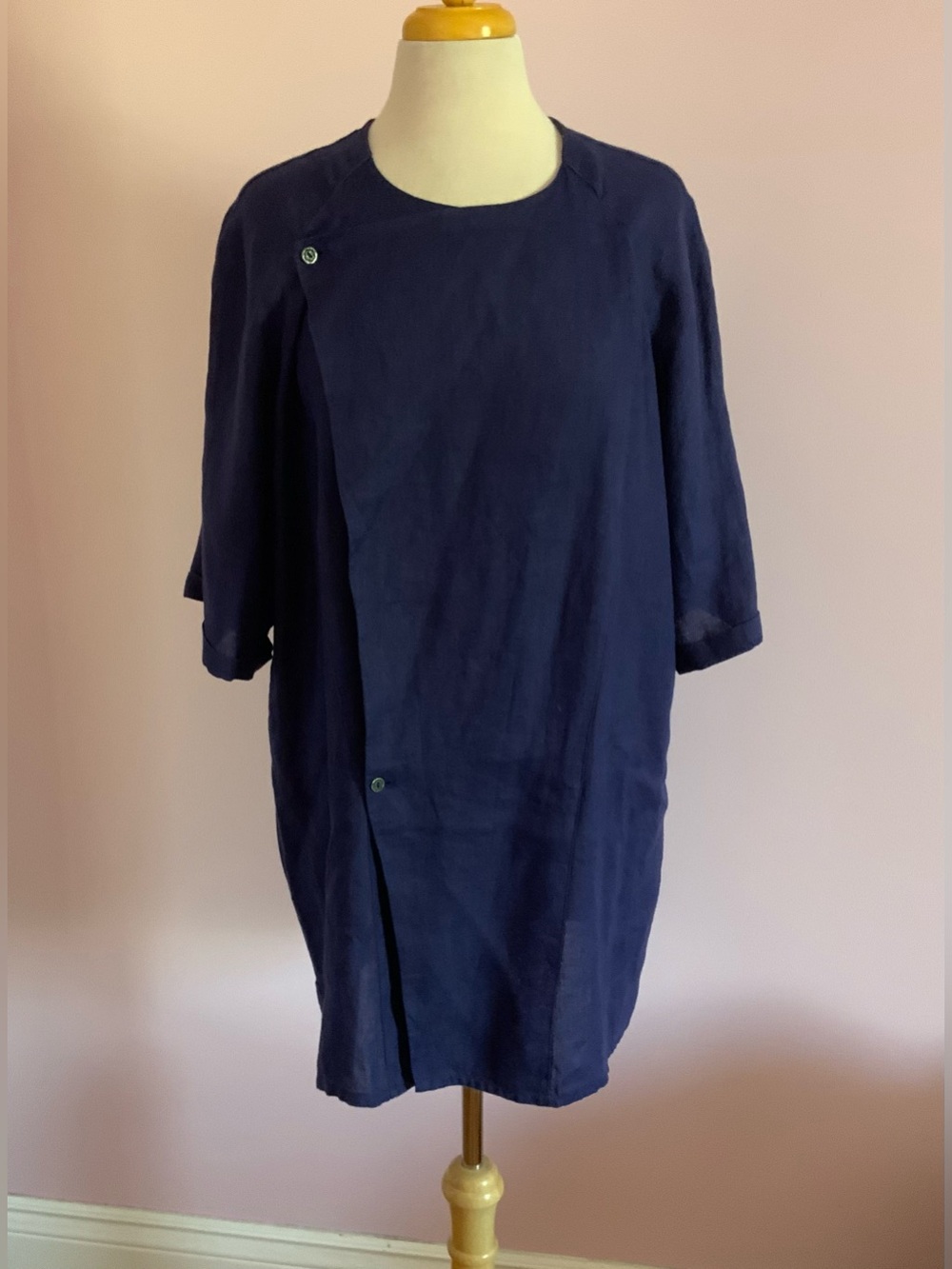 Antonello Navy Linen  Shift Midi Dress with Asymmetric Snap Detail